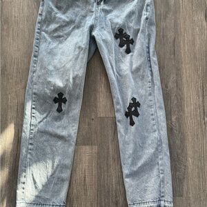 Chrome Hearts Blue Jeans with Black Crosses